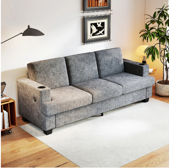 3 Seater Sofa with USB Ports & Cup Holders, Chenille-Feel Upholstered Couch for Living Room, Grey