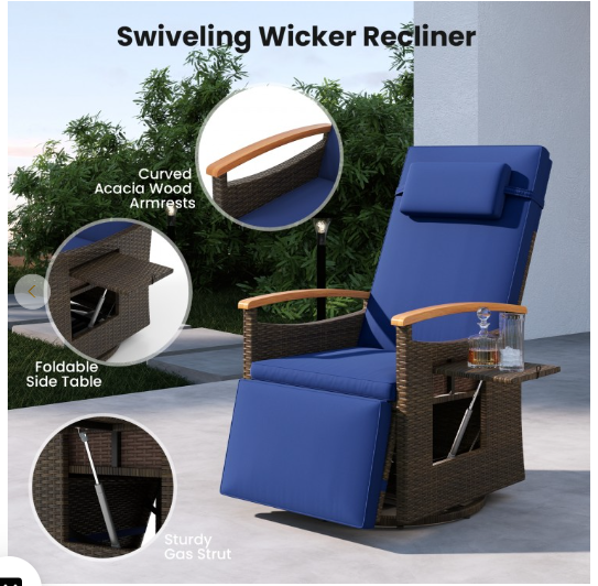 *SPECIAL* (Final Sale) Patio Rattan 360° Swivel Recliner Chair - Navy (Fully Assembled)