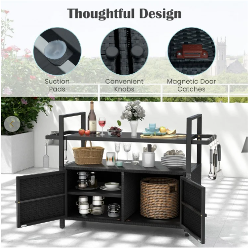 TAX FREE/SPECIAL - Bar Cart Wicker Buffet Serving Cart with Cabinet and 8 Hooks (See Decsription)