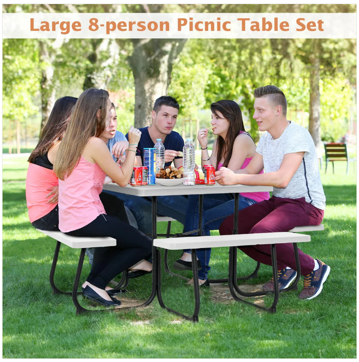 Outdoor Picnic Table with 4 Benches and Umbrella Hole-Gray - Fully Assembled
