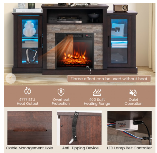 Fireplace TV Stand, TV Console with Fireplace Insert with remote, LED Lights with remote & Adjustable Glass Shelves, App Control, Fully Assembled