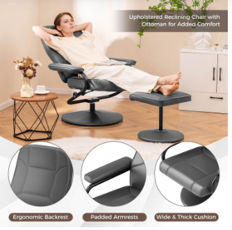Swivel Recliner Chair PVC Leather w/ Ottoman - Grey