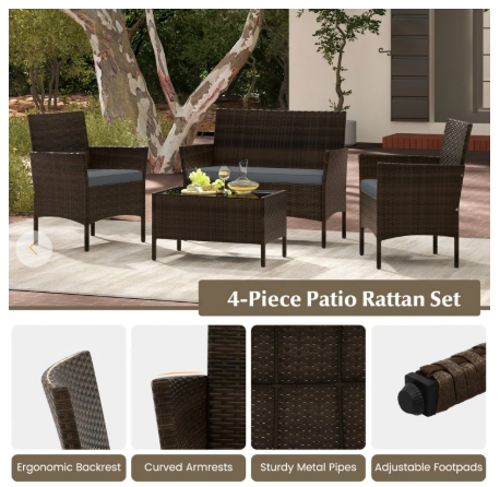 4 Piece Patio Rattan Conversation Set with Cozy Seat Cushions-Grey (Assembled)