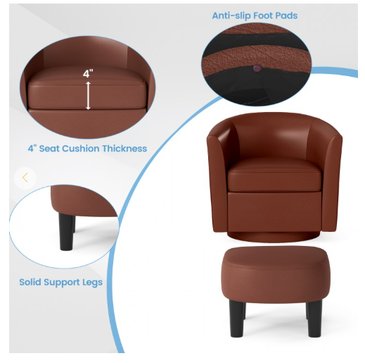 Modern Club Swivel Accent Chair with Ottoman Footrest Curved Backrest (Assembled)