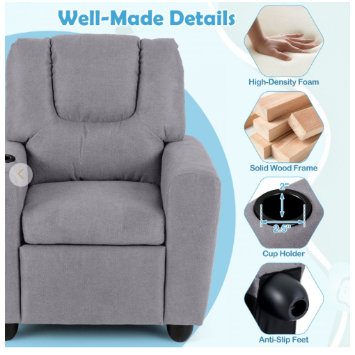 Kids Recliner Chair Push Back Toddler Reclining Armchair with Cup Holder-Grey