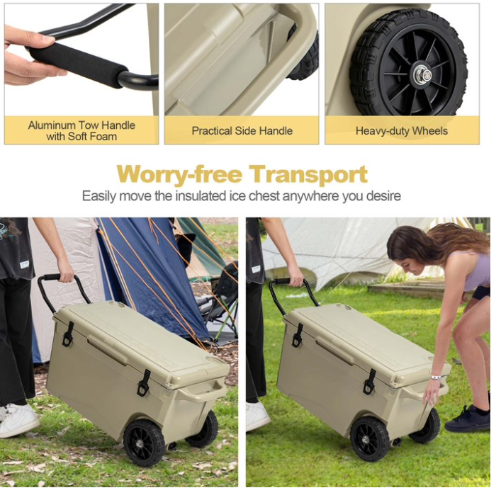 75 Qt Portable Cooler Roto Molded Ice Chest Insulated 5-7 Days with wheels Handle - Tan