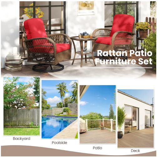 3 Pieces Outdoor Swivel Rocker Set with Small Side Table (Fully Assembled)