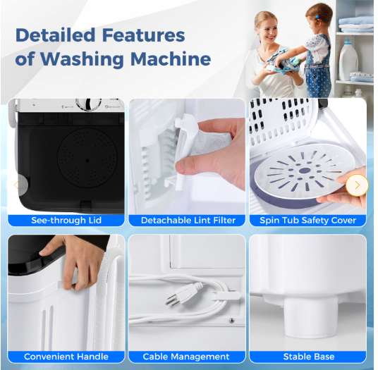 17.6lbs Compact Portable Washer Twin Tub Combo with Gravity Drain (Ours has a Blue Top)