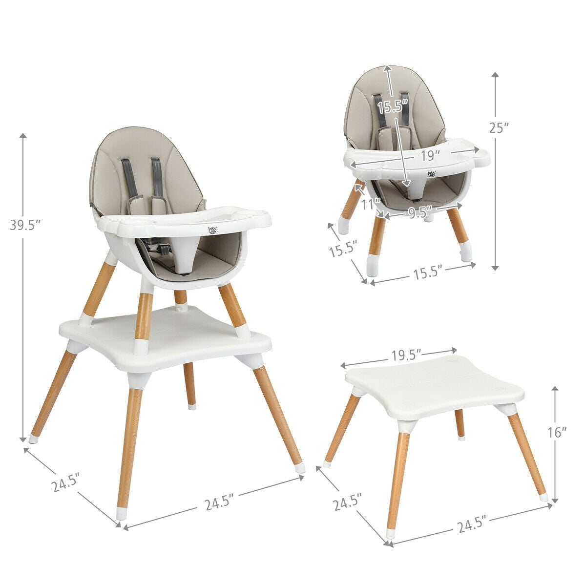 5-in-1 Baby Eat and Grow Convertible Wooden High Chair with Detachable Tray, assembled