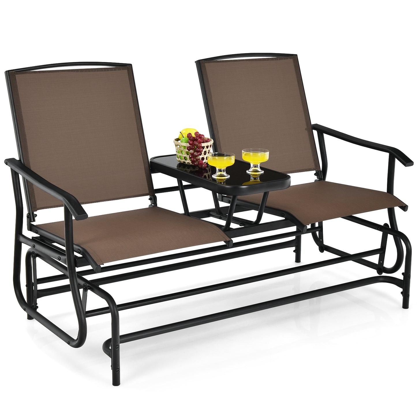 2-Person Double Rocking Loveseat with Mesh Fabric and Center Tempered Glass Table-Brown (Fully Assembled