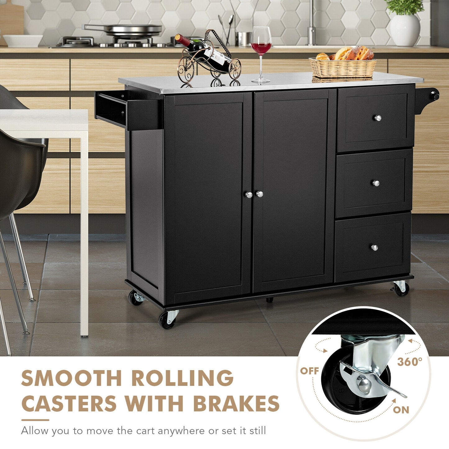 Kitchen Island 2-Door Storage Cabinet with Drawers and Stainless Steel Top-Black - Fully Assembled