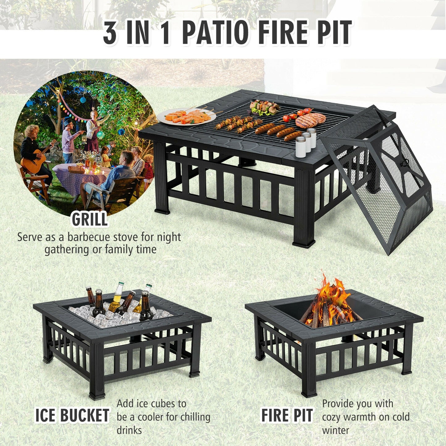 32 Inch 3 in 1 Outdoor Square Fire Pit Table with BBQ Grill - Fully Assembled