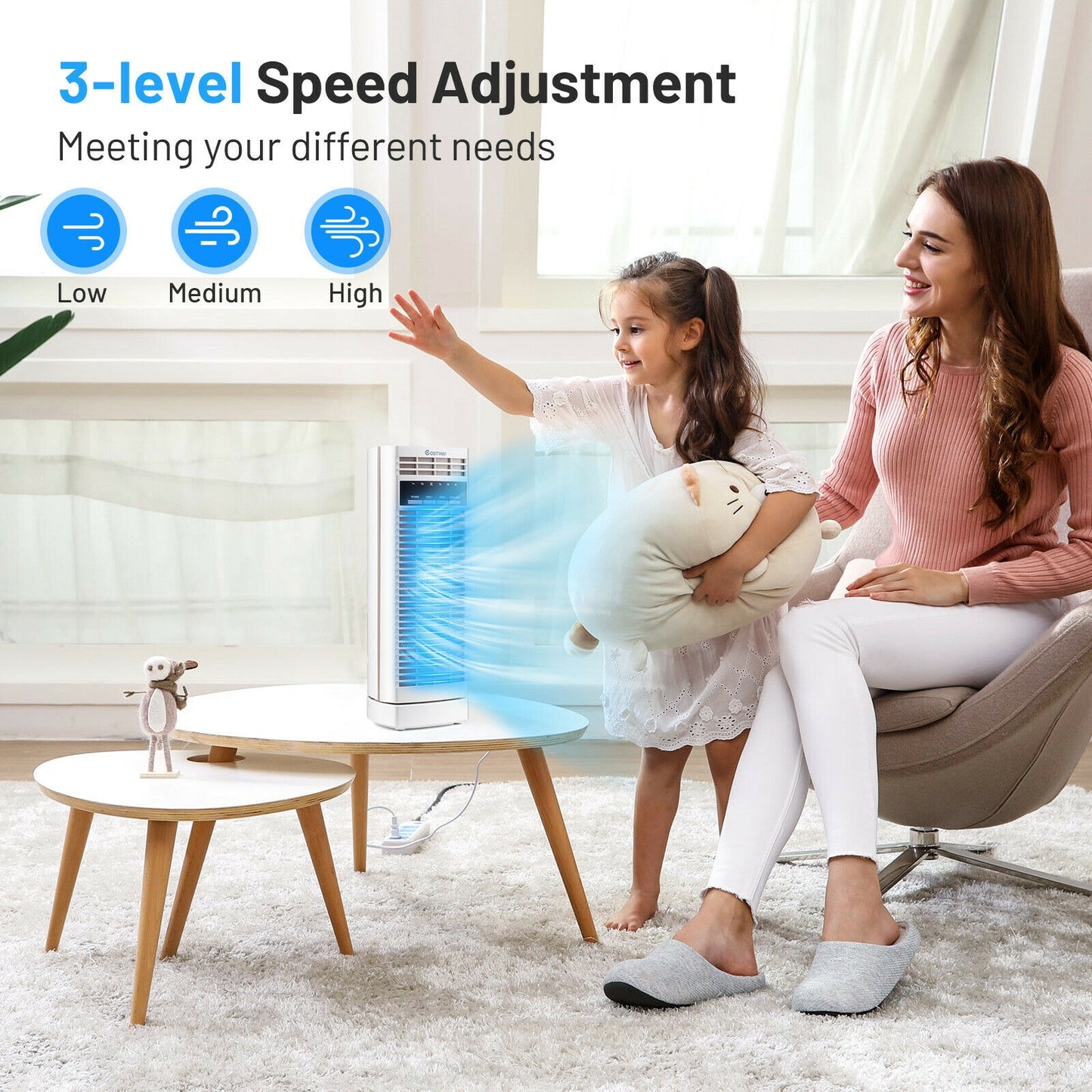 14 Inch Mini Oscillating Tower Fan Electric Desk Fan with 3 Speed and Timer-White
