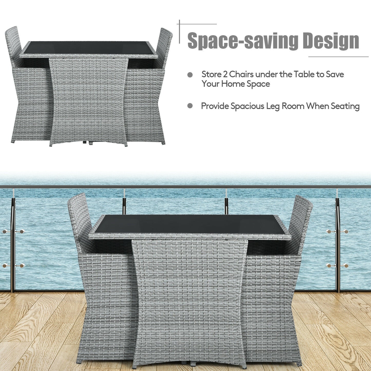 3 Pieces Patio Rattan Furniture Set with Cushioned Armrest Sofa-Navy (Fully Assembled)