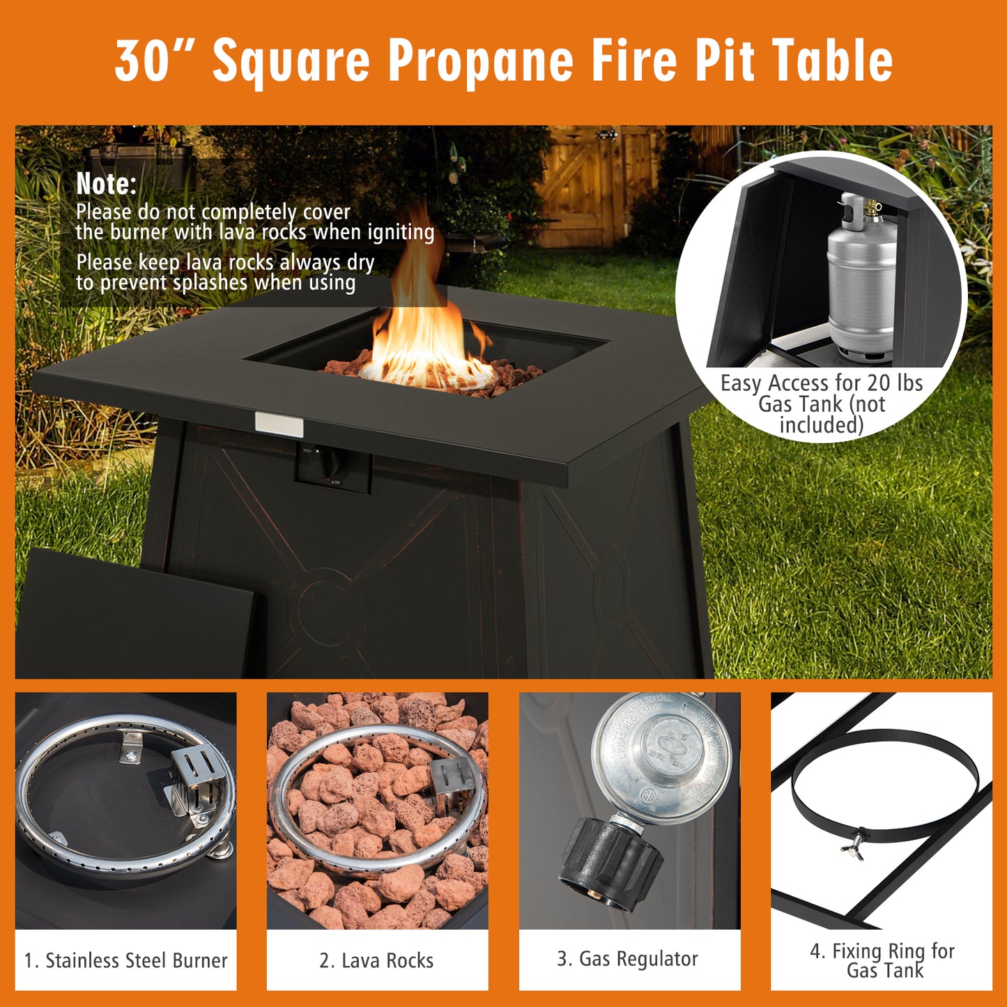 30 Inch Square Propane Gas Fire Table with Waterproof Cover, 1 box, unassembled
