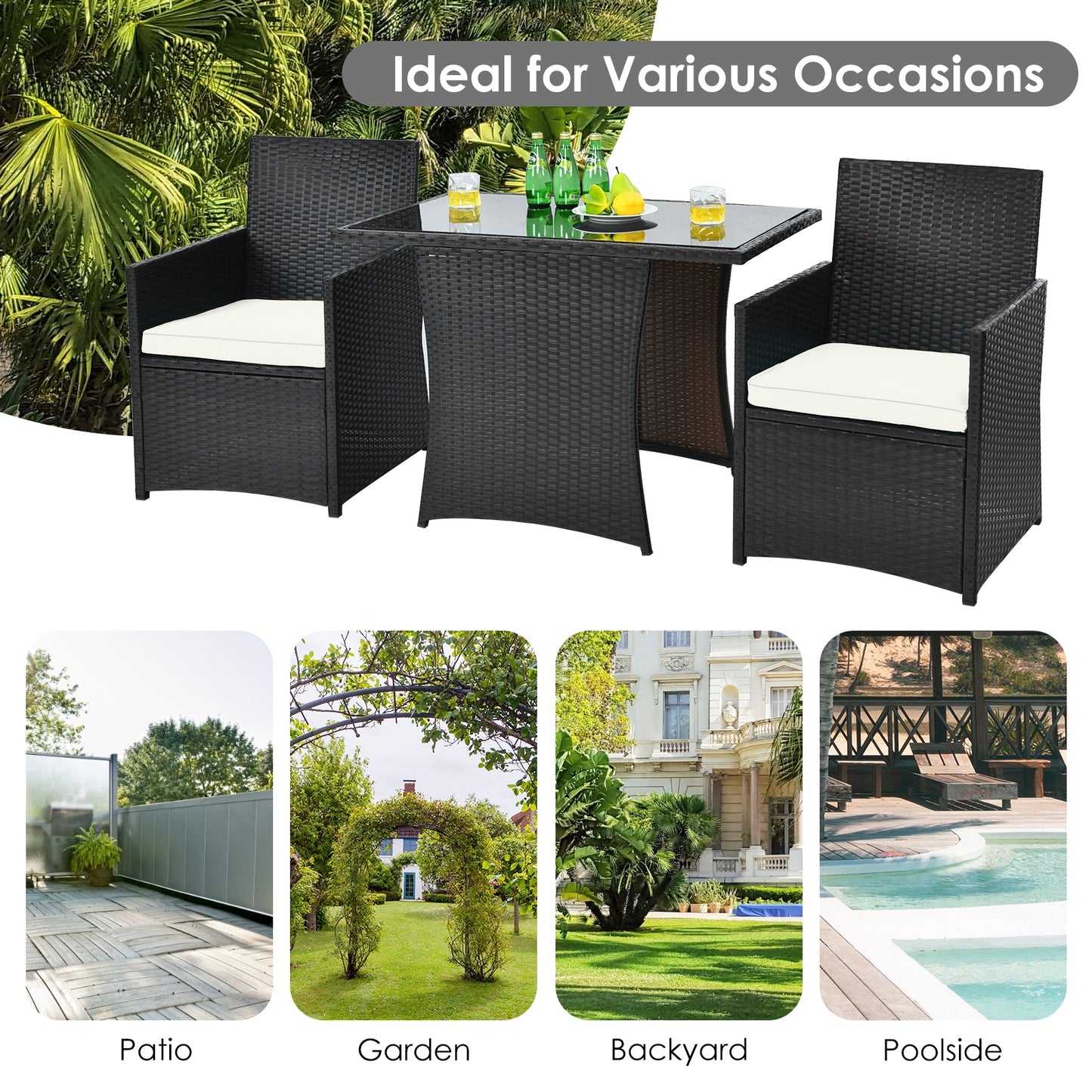 3 Pieces Patio Rattan Furniture Set with Cushion and Sofa Armrest-White (Fully Assembled)