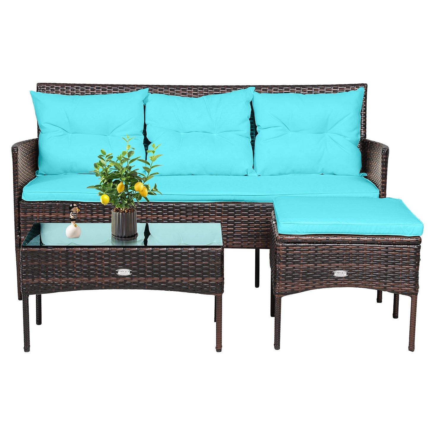 3 Pieces Patio Furniture Sectional Set with 5 Cozy Seat and Back Cushions-Turquoise (Fully Assembled)