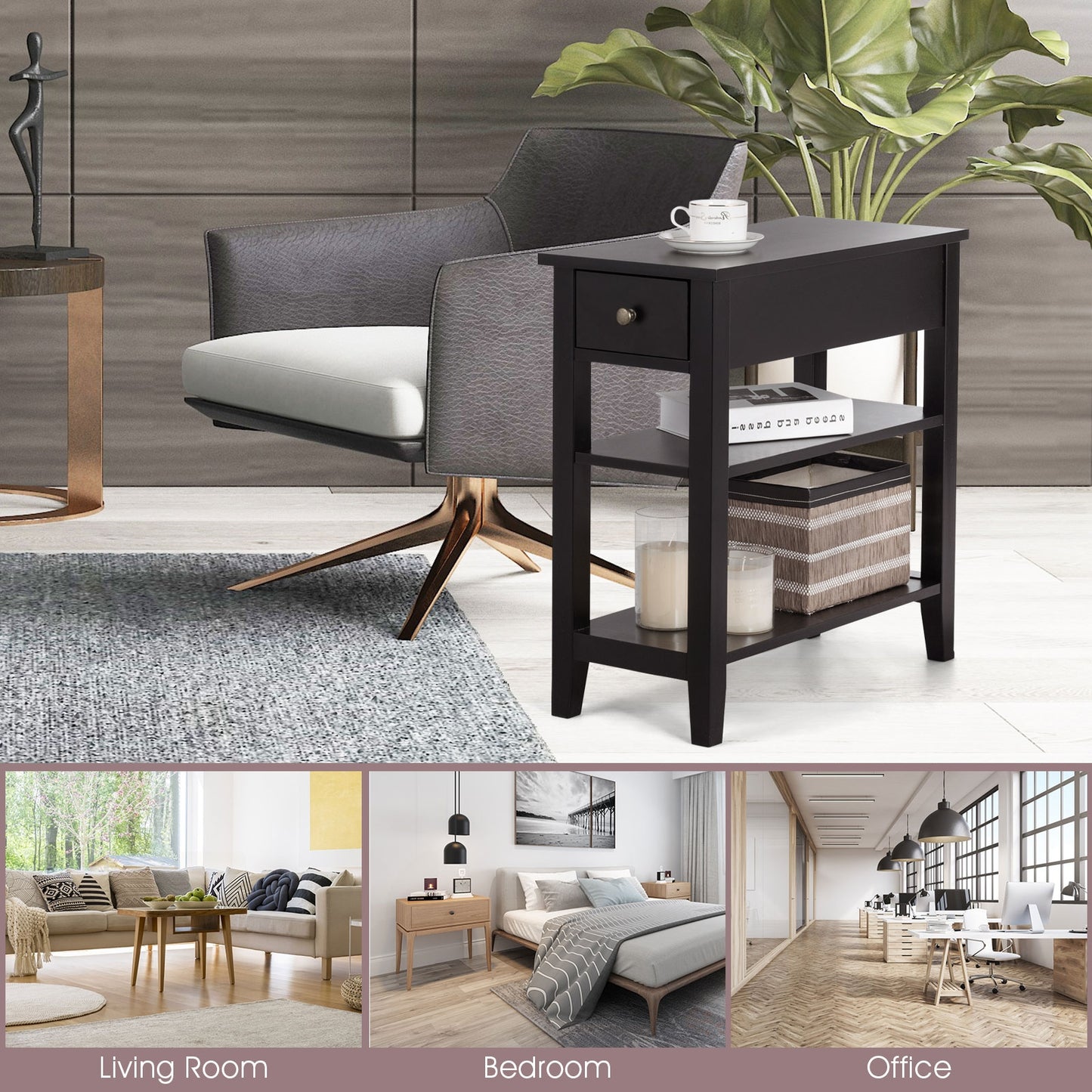 3-Tier Nightstand Bedside Table Sofa Side with Double Shelves Drawer-Coffee (Fully Assembled)