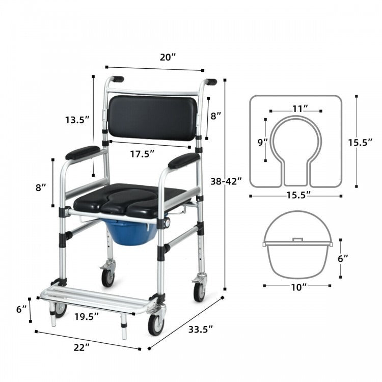 SALE, 2-in-1 Aluminum Commode Shower Wheelchair with Locking Casters