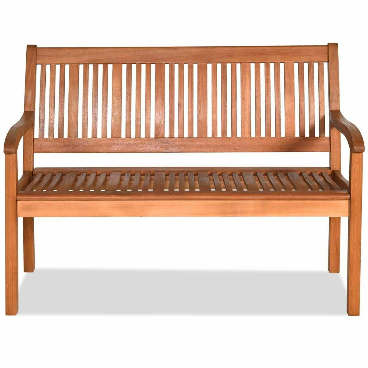 Two Person Solid Wood Bench with Curved Backrest and Wide Armrest