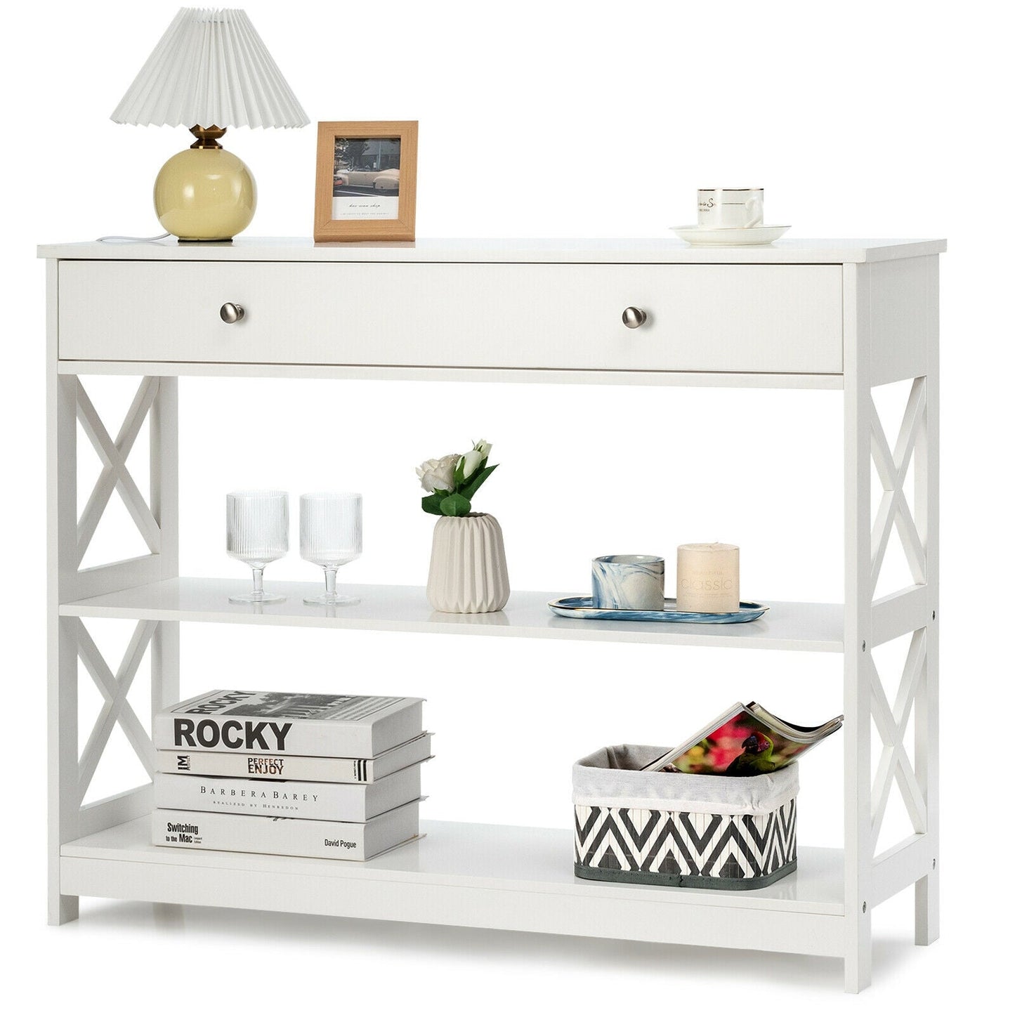 3-Tier Console Table with Drawers for Living Room Entryway-White, assembled