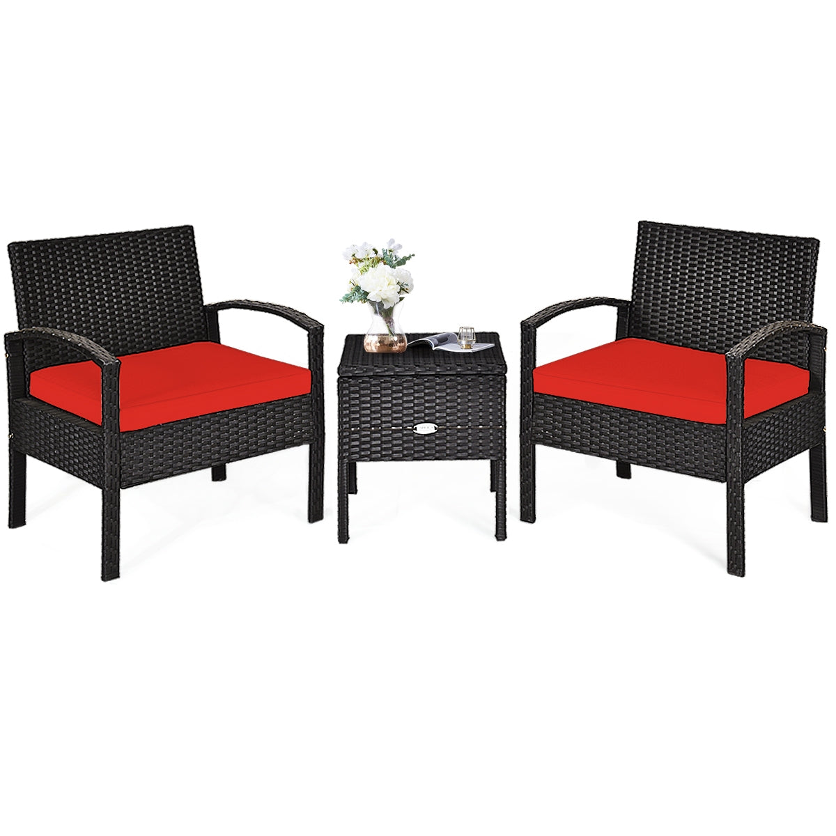 Small 3 Piece PE Rattan Wicker Sofa Set -Red, Fully Assembled