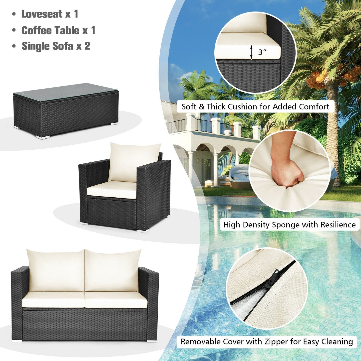 4 Pieces Patio Rattan Cushioned Furniture Set-White (Fully Assembled)