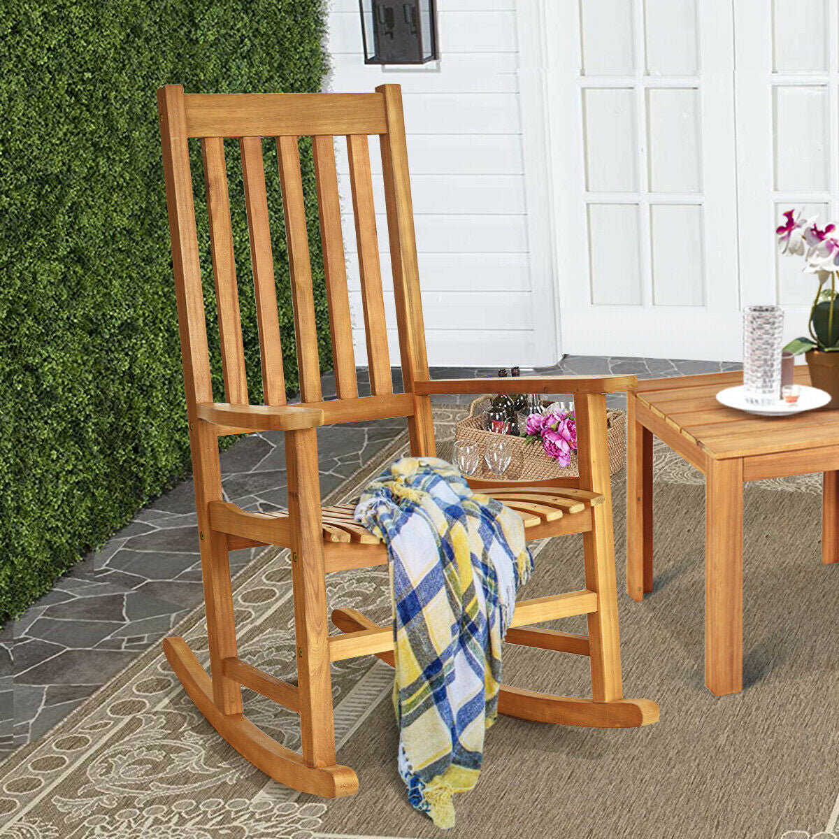 Indoor Outdoor Wooden High Back Rocking Chair-Wood, Fully Assembled
