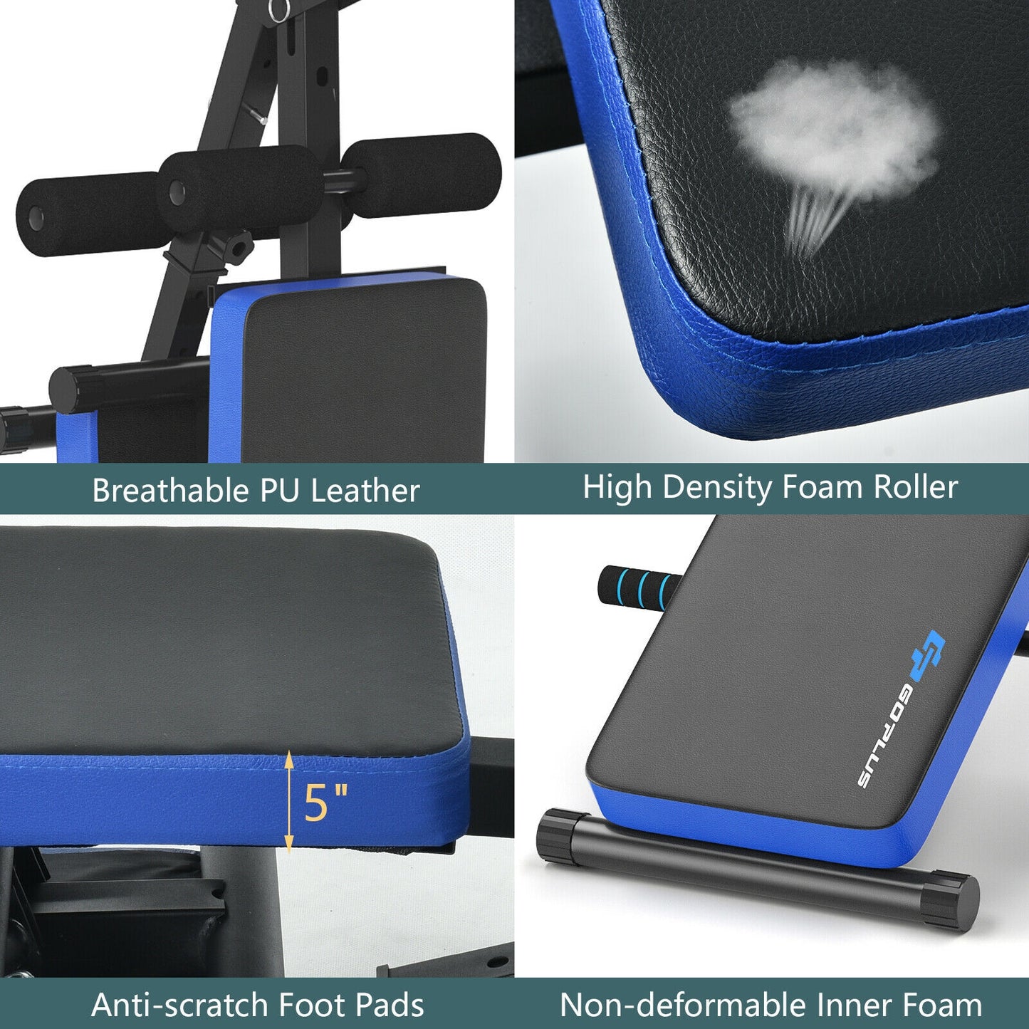 Multi-Functional Foldable Weight Bench Adjustable Sit-up Board with Monitor-Blue, 1 box, unassembled (Customer Return)