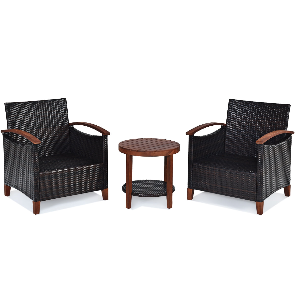 3 Pieces Patio Wicker Furniture Set Acacia Wood Tabletop-fully assembled beige or turquoise cushions