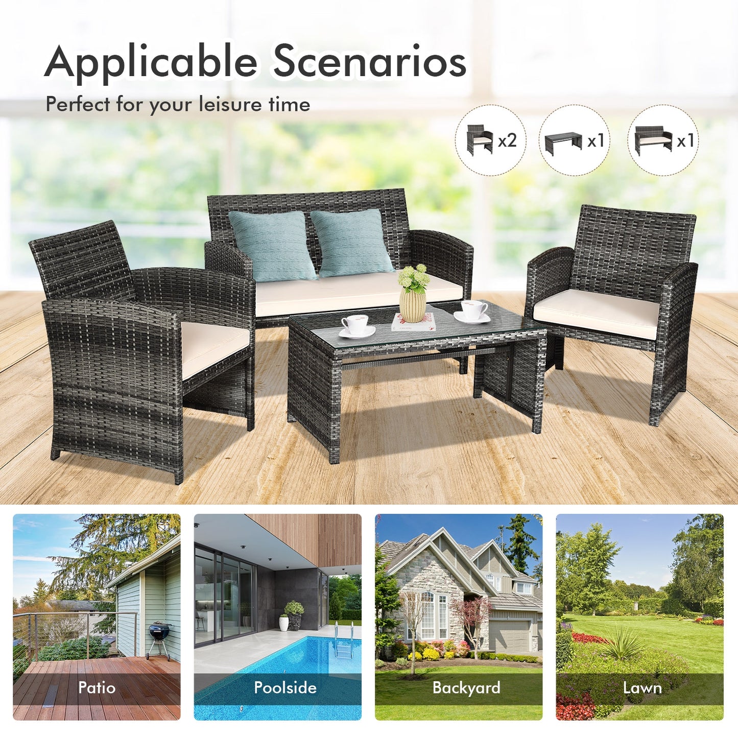 4 Pieces Patio Rattan Furniture Set with Glass Table and Loveseat -(Fully Assembled)