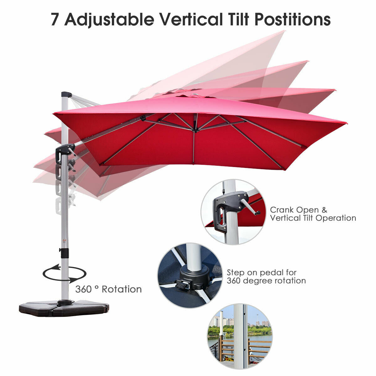 10 ft 360 Degree Tilt Aluminum Square Patio Offset Cantilever Umbrella without Weight Base-Burgundy