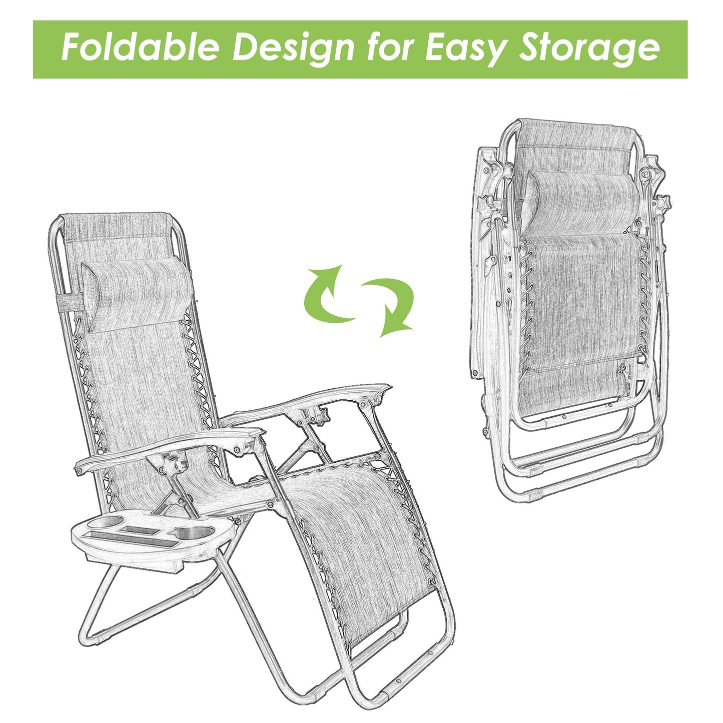 Outdoor Folding Zero Gravity Reclining Lounge Chair with Utility Tray-Green