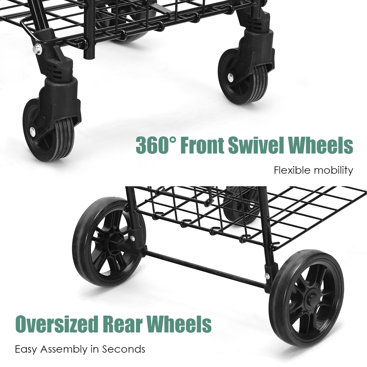 Folding Shopping Cart Basket Rolling Trolley with Adjustable Handle-Black (Assembled)