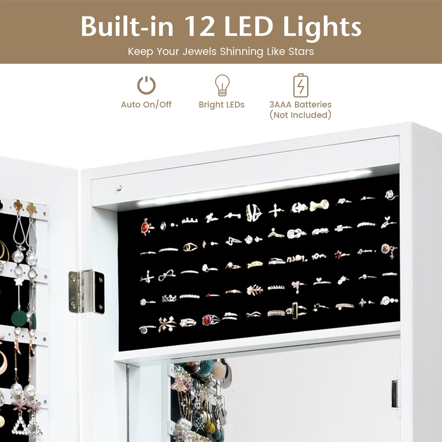 Lockable Wall Door Mounted Mirror Jewelry Cabinet with LED Lights-White