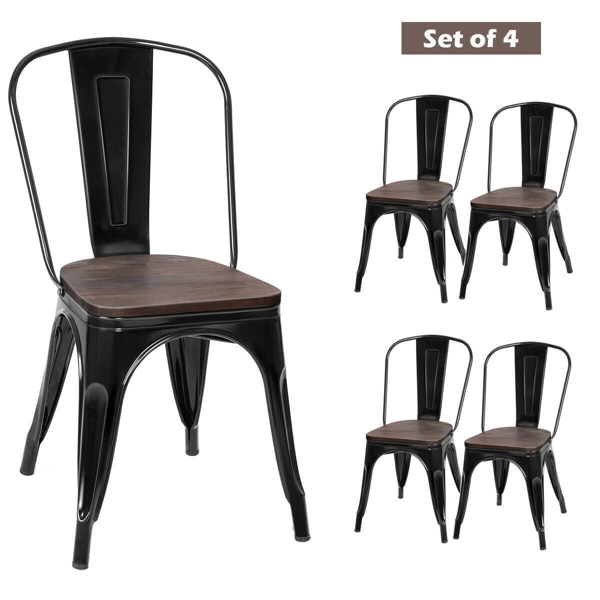 18 Inch Height Set of 4 Stackable Style Metal Wood Dining Chair-Black