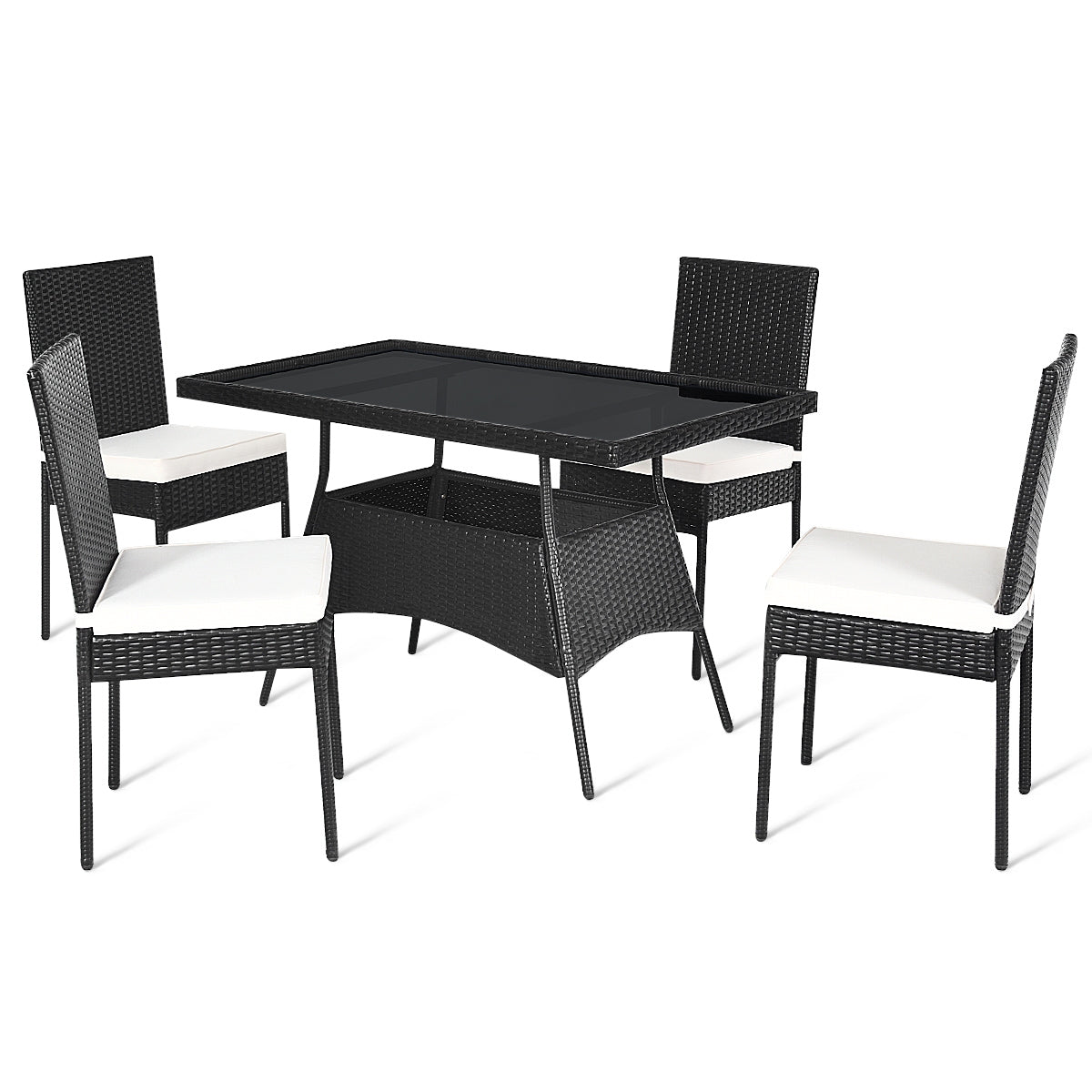 5 Pieces Outdoor Patio Rattan Dining Set with Glass Top with Cushions, Assembled
