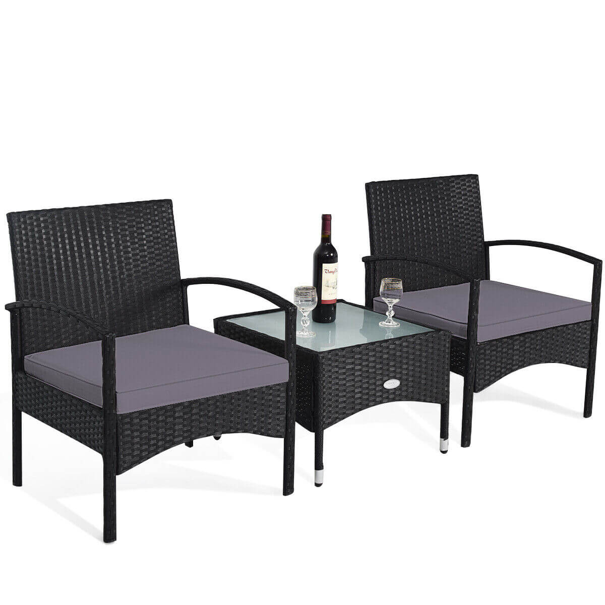 3 Pieces Patio Wicker Rattan Furniture Set with Cushion -Gray (Fully Assembled)
