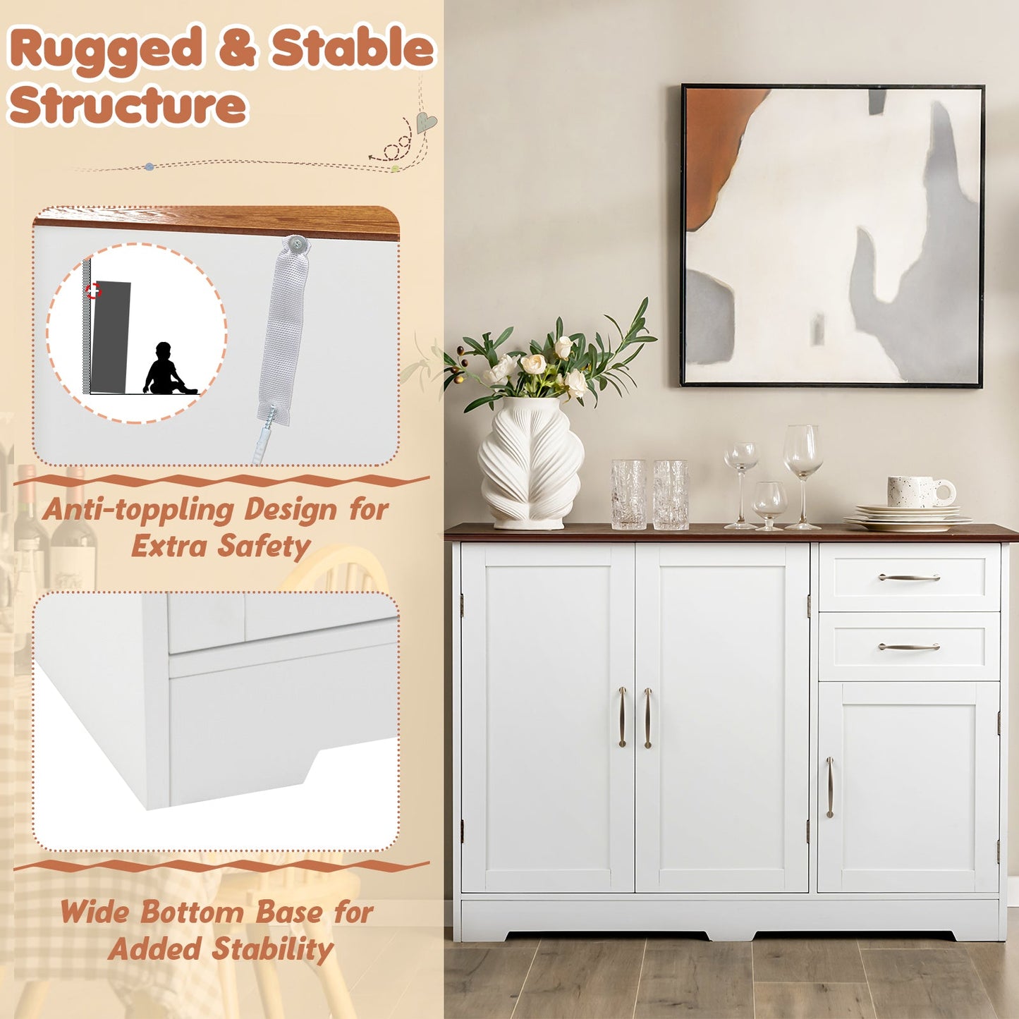 Buffet Storage Cabinet Kitchen Sideboard with 2 Drawers-White