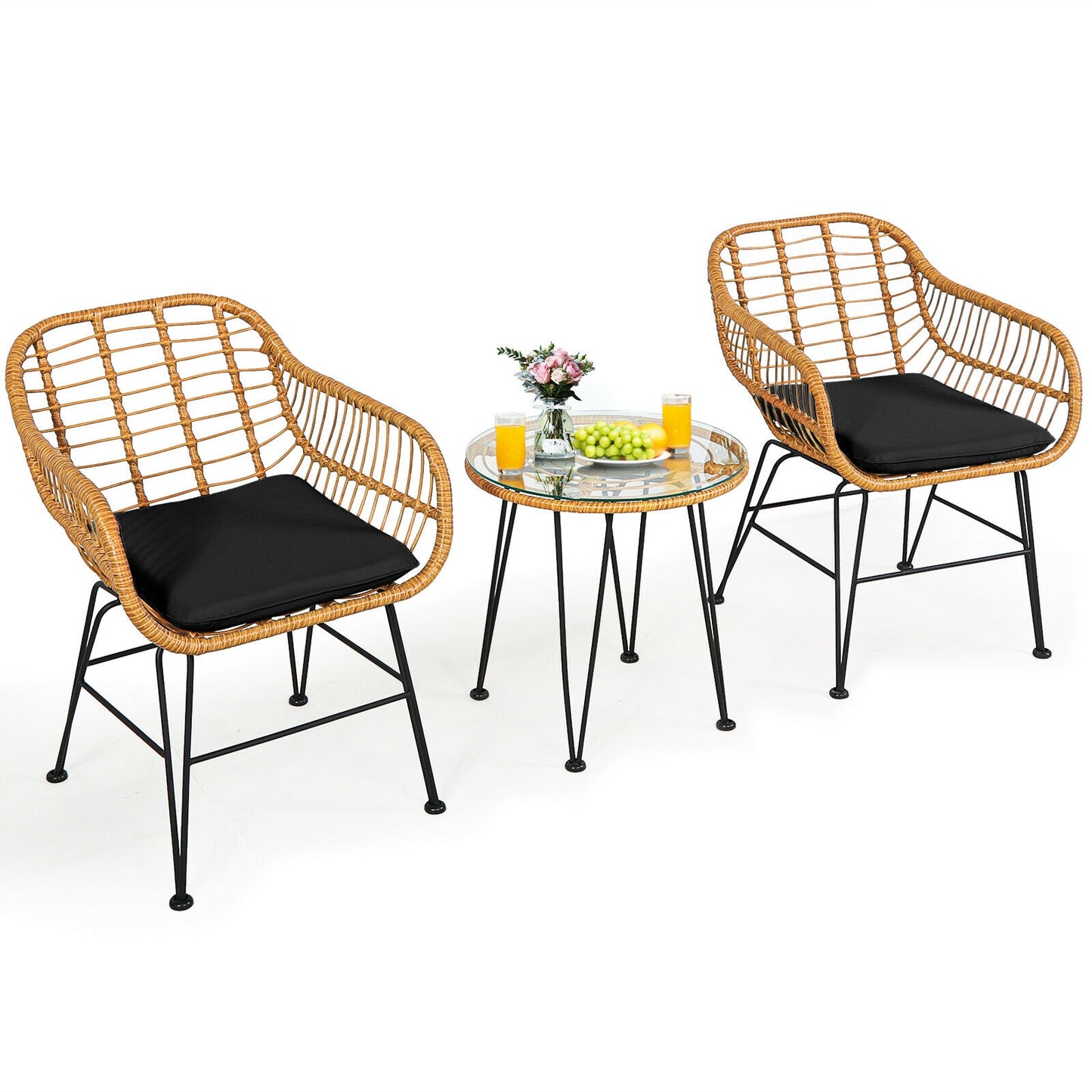 3 Pieces Rattan Furniture Set with Cushioned Chair Table-Black (Assembled)