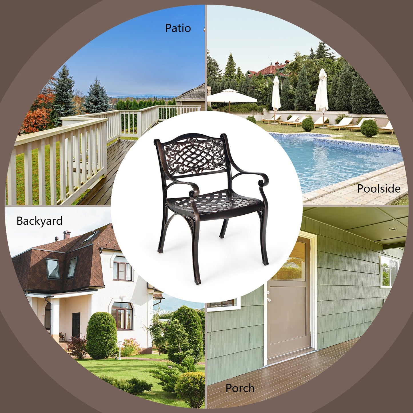 2-Piece Outdoor Cast Aluminum Chairs with Armrests and Curved Seats-Copper, Fully Assembled