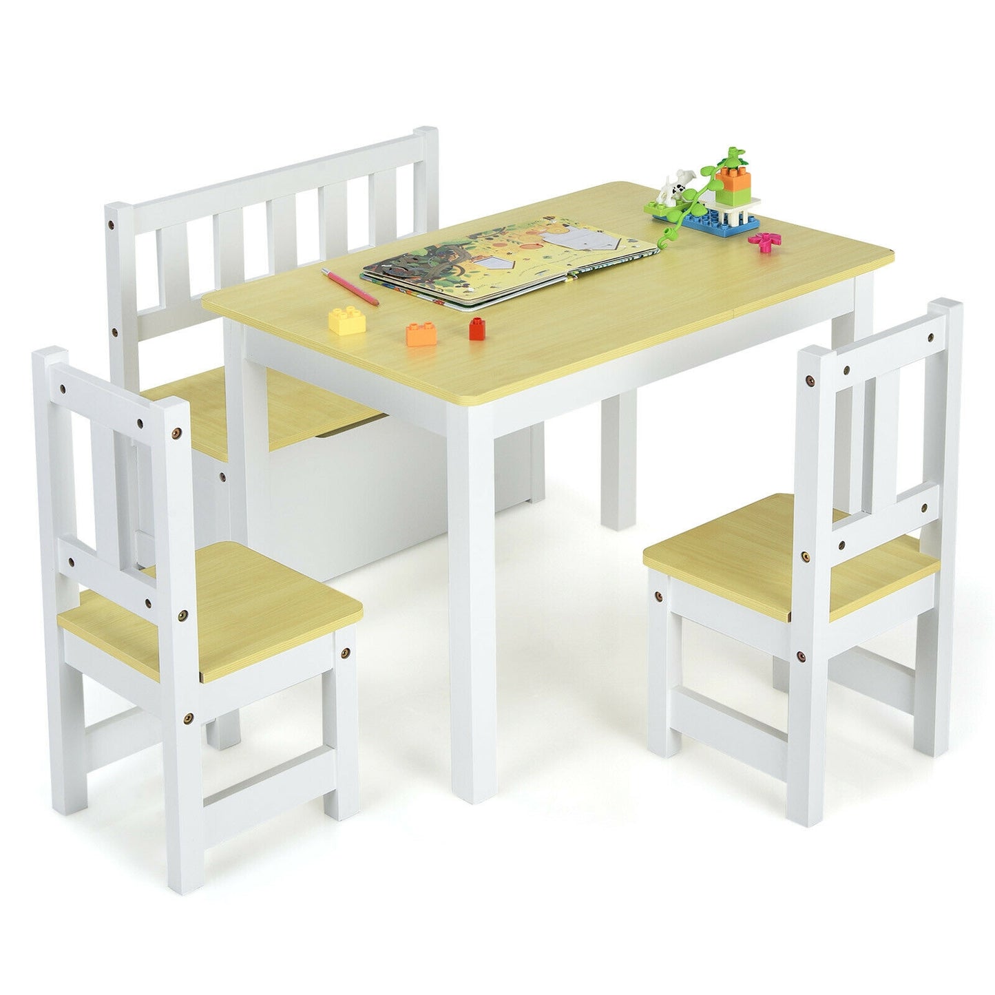 4 Pieces Kids Wooden Activity Table and Chairs Set with Storage Bench and Study Desk-Natural (unassembled)