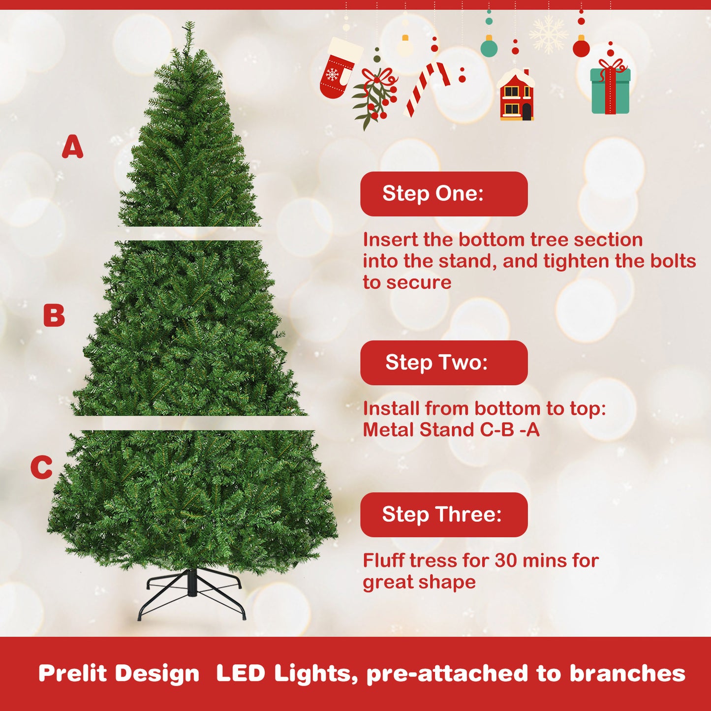 Prelit Artificial Premium Hinged Christmas Tree-8 ft, ASSEMBLED