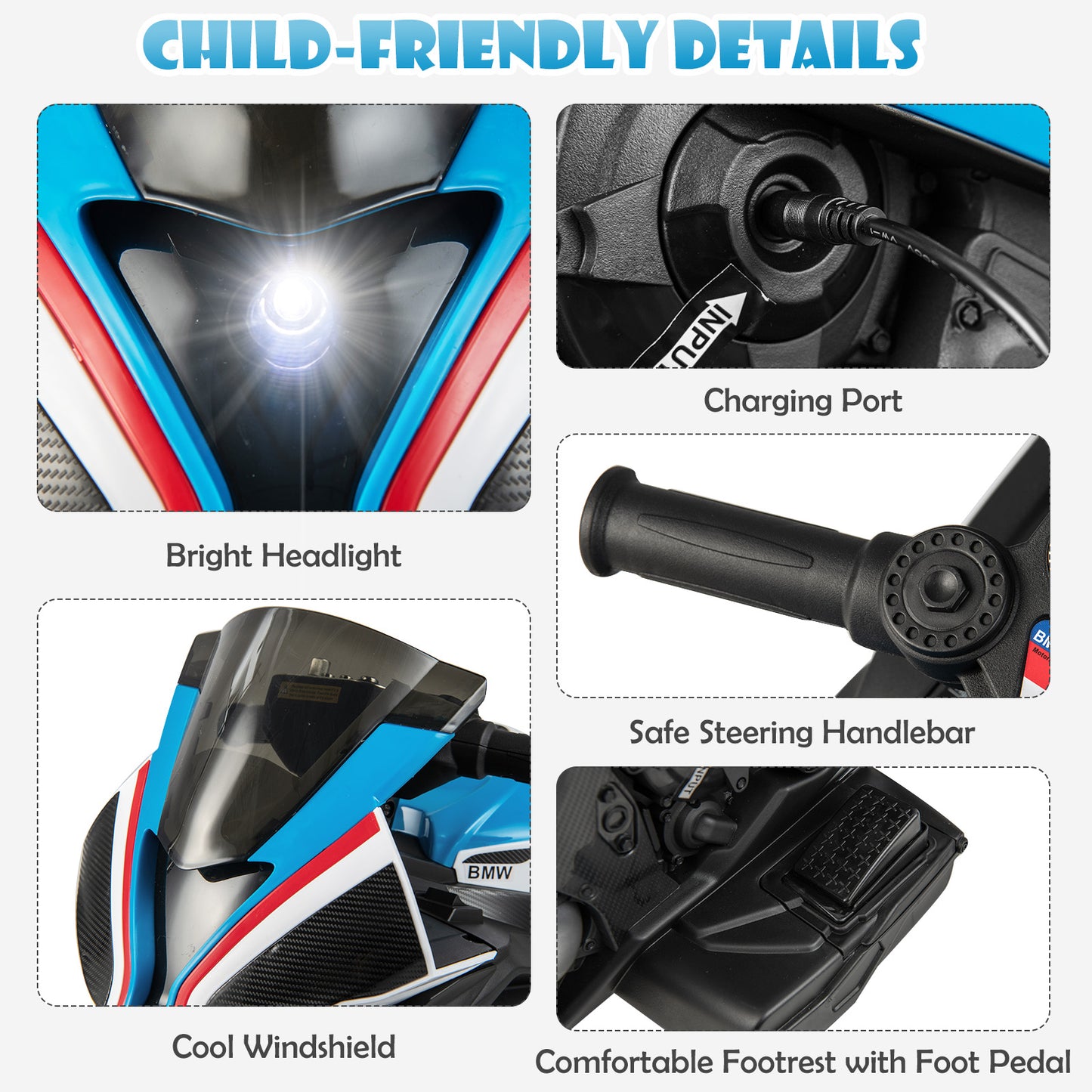 12V Licensed BMW Kids Motorcycle Ride-On Toy for 37-96 Months Old Kids-Blue