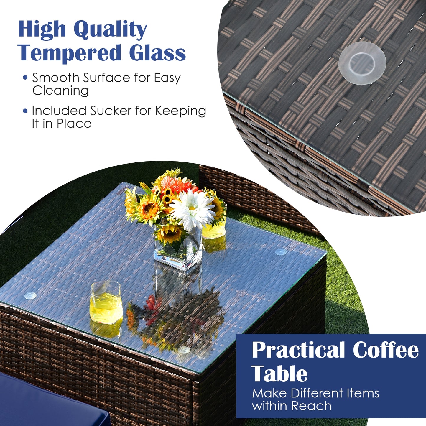 6 Pieces Patio Rattan Furniture Set with Cushions and Glass Coffee Table-Navy- Fully Assembled