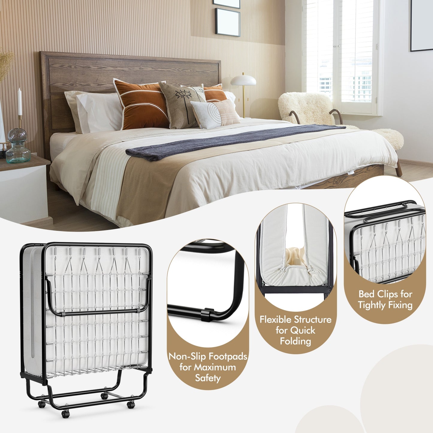 SPECIAL, Rollaway Folding Bed with Memory Foam Mattress and Sturdy Metal Frame