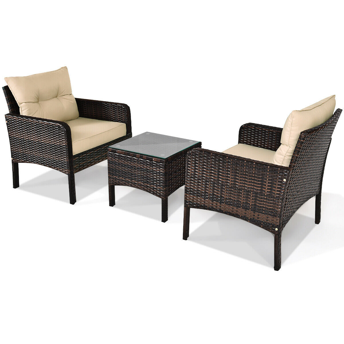 3 Pieces Outdoor Patio Wide Rattan Conversation Set with Seat Cushions-Beige (1 Box,Unassembled)