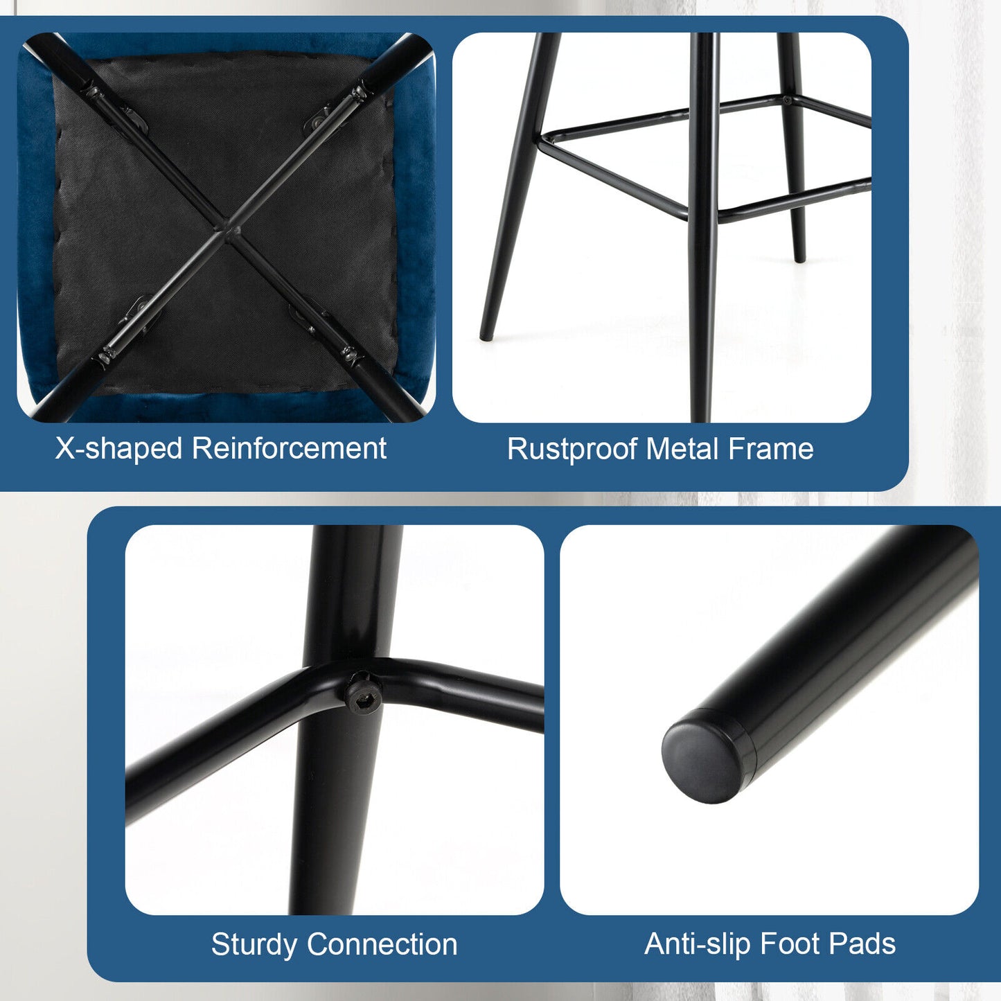 2 Pieces 29 Inch Velvet Bar Stools Set with Tufted Back and Footrests-Blue, assembled