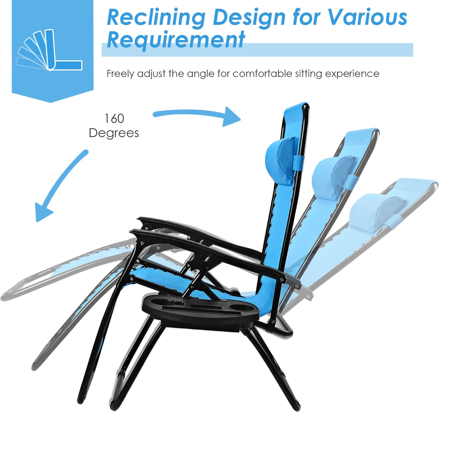 Outdoor Folding Zero Gravity Reclining Lounge Chair with Utility Tray-Light Blue