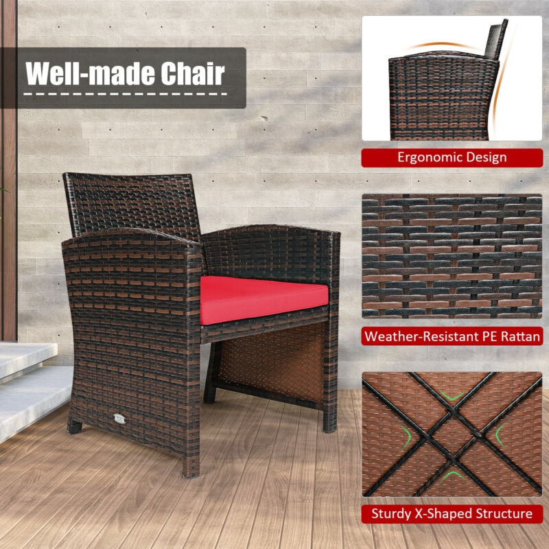 3 Pieces PE Rattan Wicker Furniture Set with Cushion Sofa Coffee Table for Garden-Red - Assembled